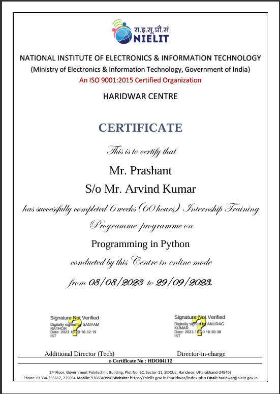 Python Internship Certificate