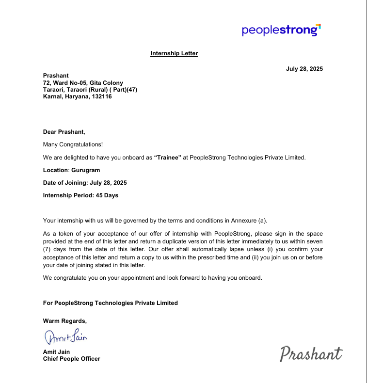 Software Engineer Intern Experience Letter